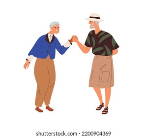 Happy couple of old senior woman and man dancing. Elderly aged spouse dance. Modern smiling retired people, wife and husband moving to music. Flat vector illustration isolated on white background