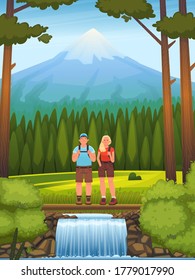 Feliz pareja en el fondo del bosque y las montañas. Senderismo. Personajes hombres y mujeres miran el paisaje veraniego. Activa recreación al aire libre. Ilustración vectorial en estilo de caricatura