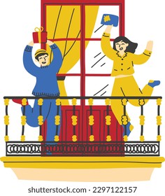 Fröhliches Paar auf dem Balkon. Vektorgrafik im flachen Cartoon-Stil.