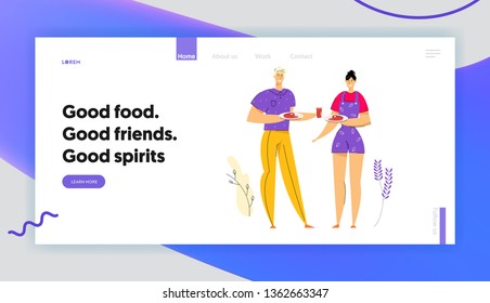 Happy Couple on BBQ Party Eating Grilled Meat Landing Page. Barbecue in the Park with Man and Woman Characters Enjoying Leisure Time Banner, Website, Web Page. Vector Flat illustration