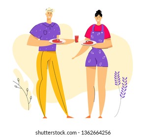 Happy Couple on BBQ Party Eating Grilled Meat. Barbecue in the Park with Man and Woman Characters Enjoying Leisure Time. Vector Flat illustration