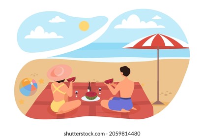 Happy couple on beach. Husband and wife went to rest on sea, romantic date. Travel, tourists, vacation. Man and girl eating watermelon with wine. Flat vector illustration isolated on white background