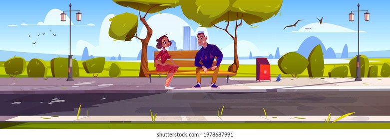 Happy couple on date in city park. Public garden with man and woman sitting on wooden bench, lanterns, green trees and grass. Vector cartoon landscape of summer park with people