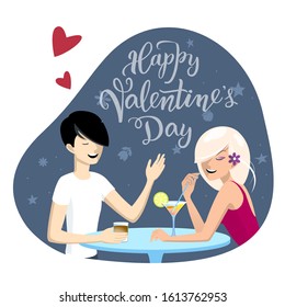 Happy couple on a date. Guy and girl laugh and talk. Original handwritten lettering Happy Valentine's day. 
Cartoon vector flat illustration isolated on a white background. 