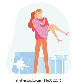 Happy couple on a date. Loving man is carrying his woman. Romantic hug. Valentines Day concept. Vector illustration for banners, posters, postcard. Cartoon style characters.