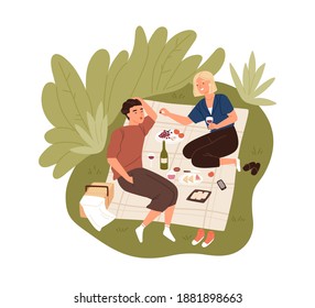 Happy couple on date outdoors. Man and woman spending summertime together resting on picnic blanket in nature. Young lovers drinking wine, eating and relaxing outside. Flat vector illustration
