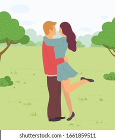 Happy couple on date in park or forest. Man and woman hugging standing together. Love in air, romantic atmosphere. Summer warm weather. Trees with green krone in lawn. Vector illustration in flat