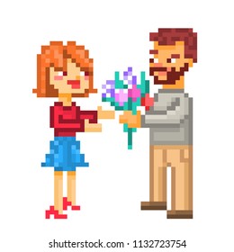 Happy couple on a date, pixel art illustration isolated on white background. 8 bit boyfriend and girlfriend meeting. Man giving flowers to a woman. Two lovers. Valentine's day present. Birthday gift.