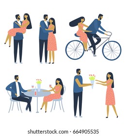 Feliz pareja en una cita. Conjunto de cinco personajes creativos enamorados. Amantes abrazándose, montando una bicicleta, cenando, bebiendo vino. El hombre da flores. Un joven sostiene a una mujer en sus brazos