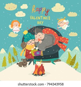 Happy couple on a date. Winter time Creative characters in love
