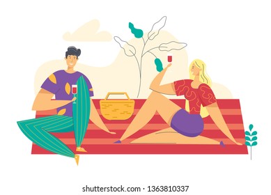 Happy Couple on Picnic Concept. Man and Woman Characters on Romantic Dating in the Park Drinking Wine. People on Nature Leisure Activity. Vector Flat illustration