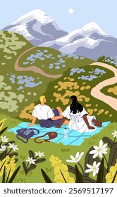 Happy couple is on romantic date on a picnic in nature. Poster with people on blanket on meadow with mountain view. Girl and boy relax in countryside landscape in summer. Flat vector illustration