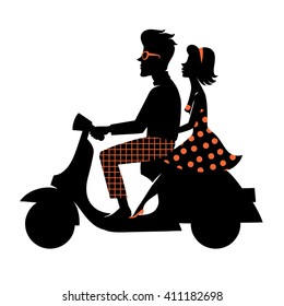 Happy couple scooter  Silhouette  Vector illustration 