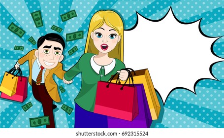  Happy couple on a shopping with money. Man and woman with bags. Big Sale. Vector illustration isolated on background. Pop art retro vector. Discounts and sales