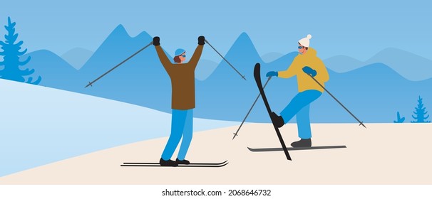 Happy couple on skis, ski vacation. Flat vector stock illustration. Couple skiing as leisure. A man and a woman are skiing together in the mountains. People are happy. Vector illustration