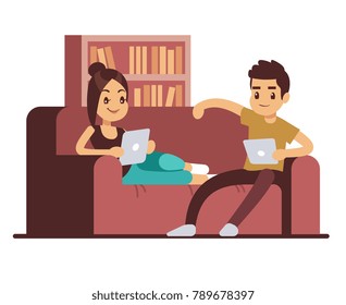 Happy couple on sofa with tablets. Young man and woman relaxing at home. Man and woman together on sofa with digital tablet illustration