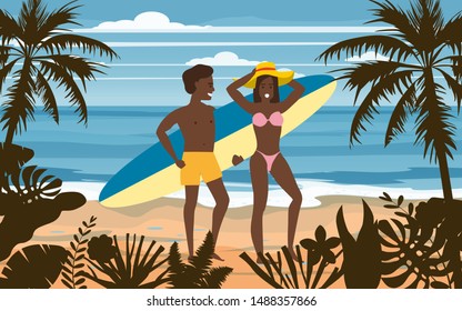 Happy Couple on Summer Vacation Beach. Wife and Husband with Surfboard enjoying Beach Vacation walking on Sand Sea Palm and exotic tropical seashore floral. Vector Illustration poster baner isolated