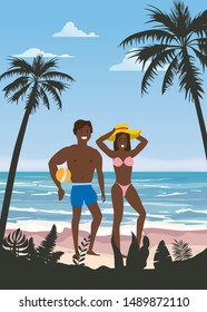 Happy Couple on Summer Vacation Beach. Wife and Husband with ball enjoying Beach Vacation walking on Sand Sea Palm and exotic tropical seashore floral. Vector Illustration poster baner isolated