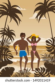 Happy Couple on Summer Vacation Beach. Wife and Husband with ball enjoying Beach Vacation walking on Sand Sea Palm and exotic tropical seashore floral. Vector Illustration poster baner isolated