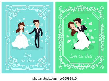 Happy couple on wedding day vector, bride and groom on first dance as married people, man and woman in love, framed ornaments and decorations set