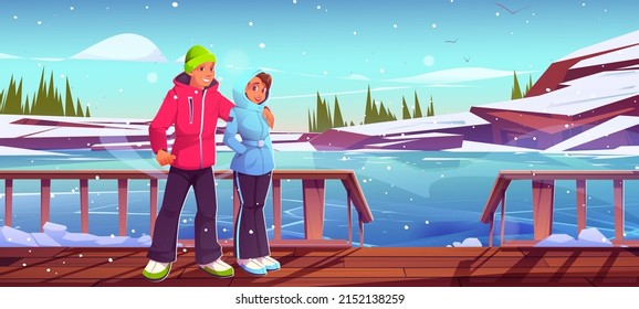 Happy couple on wooden terrace and ice rink on background. Vector cartoon illustration of winter landscape with frozen lake, snow, trees, chalet or lodge porch, man and girl in warm outfit