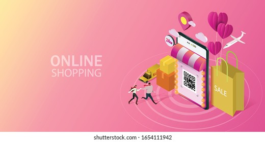 Happy couple with online shopping on mobile application. Isometric mobile store. Vector illustration.