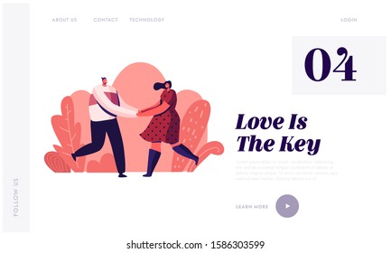 Happy Couple Outdoors Sparetime Website Landing Page. Cheerful Man and Woman Spend Time Together Holding Hands and Rejoice, Loving Romantic Relations Web Page Banner. Cartoon Flat Vector Illustration