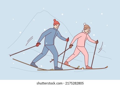 Happy couple in outerwear skiing in mountains. Man and woman enjoy winter vacations with sport activities. Vector illustration. 