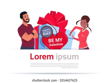 Happy Couple Over Big Present Box Decorated With Valentines Day Tag, Love Holiday Concept Flat Vector Illustration