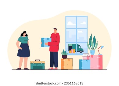 Happy couple packing essentials vector illustration. Man and woman holding cardboard boxes, moving to new house, moving truck waiting outside. Relocation, property, housing concept