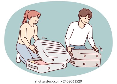 Happy couple packing suitcase getting ready for vacation. Smiling man and woman pack baggage excited about traveling. Tourism concept. Vector illustrations.