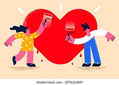 Happy couple paint red heart on wall demonstrate love and affection in relationship. Smiling man and woman lover show feelings to public. Relations goal. Family and marriage. Vector illustration. 