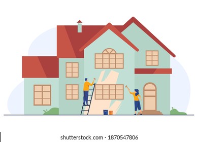 Happy couple painting house facade. Ladder, home, renewal flat vector illustration. Renovation or construction concept for banner, website design or landing web page