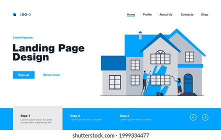 Happy couple painting house facade. Ladder, home, renewal flat vector illustration. Renovation or construction concept for banner, website design or landing web page