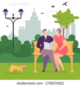 Happy couple in park on bench, dog is walking nearby, happy young man and girl, design, cartoon style vector illustration. Family reading newspaper together, people nature, healthy outdoor activitie.