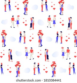 Feliz patrón de pareja. Una pareja amorosa durante la cita, romántica, abrazando, besando. Amor y sentimientos. Personajes humanos de fondo blanco. Ilustración de vector de color