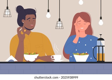 Happy couple people dating in cafe vector illustration. Cartoon man woman character making funny face on romantic date, sitting at table, laughing, eating meal in evening cafeteria interior background