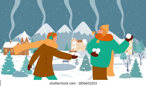 Happy couple people enjoy winter sport activity vector illustration. Cartoon funny active man woman have fun together, young characters play snowballs fight game in Christmas snow landscape background