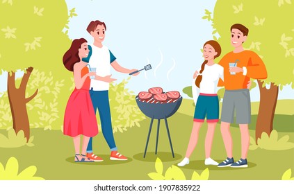 Happy couple people at outdoors barbecue picnic vector illustration. Cartoon active young man woman characters have fun at barbeque party in green garden landscape, summer vacation activity background