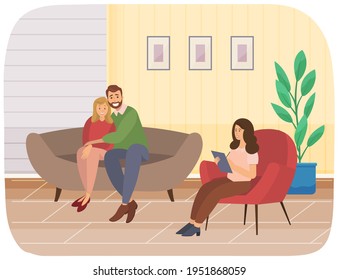 Happy couple of people sitting on couch hugging. Doctor gives advice on family psychology