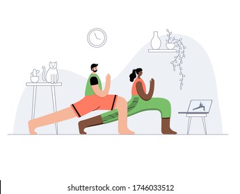Happy couple performs online yoga exercises at home with laptop. Adult male and female cartoon characters. Flat colorful vector illustration. Healthy lifestyle concept for posters and banners.