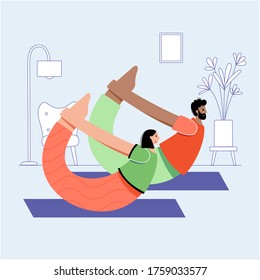 Happy couple performs yoga exercises at home or in office. Adult male and female cartoon characters. Flat colorful vector illustration. Healthy lifestyle concept for posters and banners.