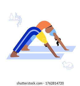 Happy couple performs yoga exercises at home. Future mother and father. Adult male and female cartoon characters. Flat vector illustration. Healthy pregnancy and lifestyle concept for posters.
