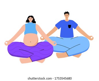Happy couple performs yoga lotus exercises. Future mother and father. Adult male and female cartoon characters. Fla vector illustration. Healthy pregnancy and lifestyle concept for posters and banners
