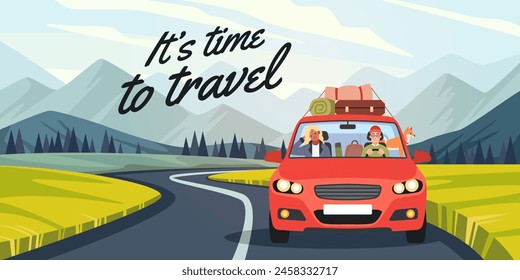 Happy couple with pet driving in car. Family and dog going to nature, people traveling by private transport, front view. Banner or card design. Cartoon flat isolated tidy vector concept