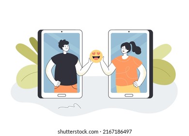 Happy Couple From Phone Screens Holding Emoticon In Love. Online Date Of Man And Woman Flat Vector Illustration. Romantic Video Chat, Meeting Concept For Banner, Website Design Or Landing Web Page