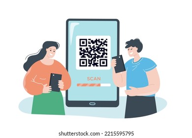Happy couple with phones and huge smartphone with QR code. Scanning QR code using mobile app flat vector illustration. Shopping, technology concept for banner, website design or landing web page