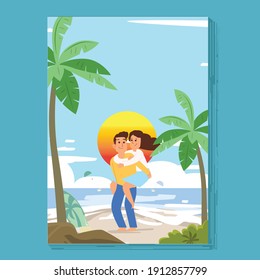 Happy Couple In Piggyback on the beach - vector illustration