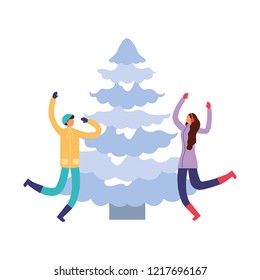 happy couple with pine tree winter season