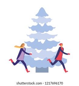 happy couple with pine tree winter season